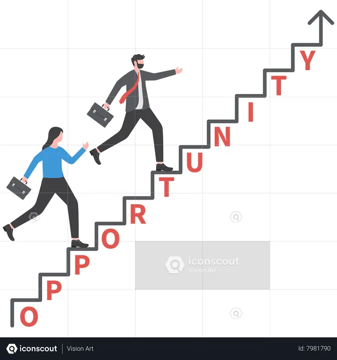 Businessman walking on staircase with opportunity word growth success to career  Illustration