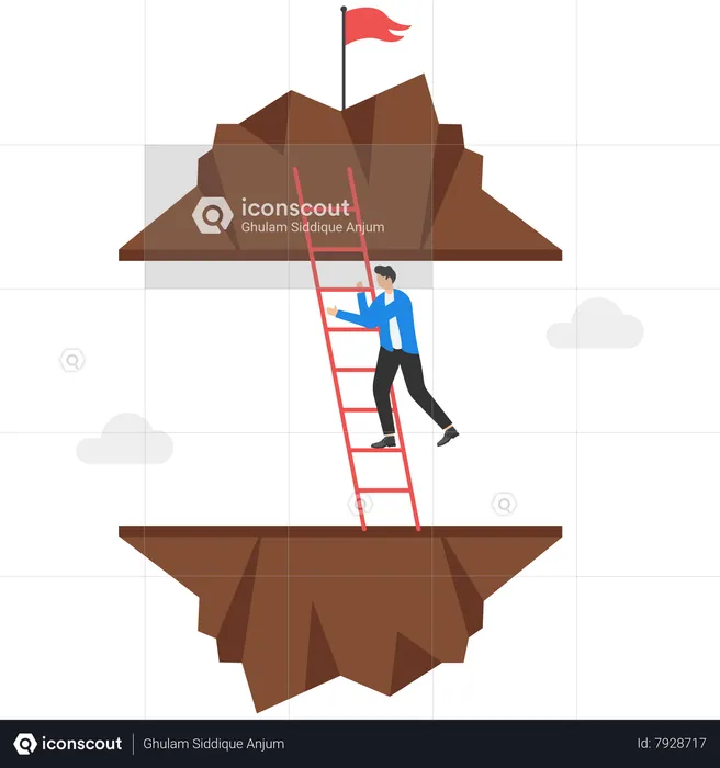 Businessman walking on stairs to get to target flag on mountain  Illustration