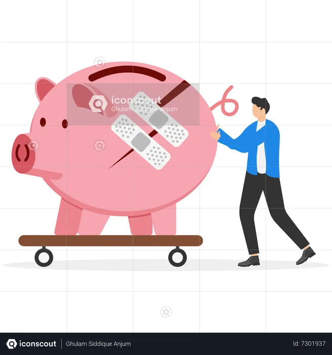 Businessman walking with bandage repaired pink piggy bank  Illustration