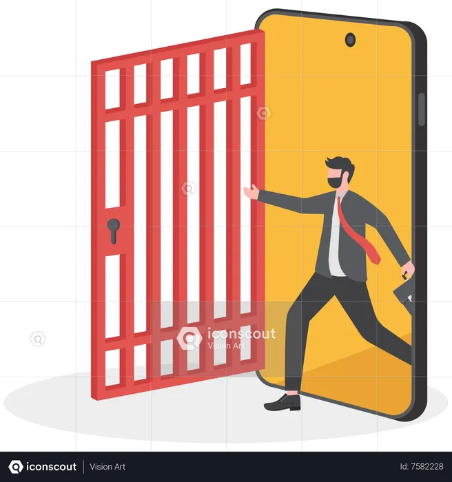 Businessman walks exits the smartphone  Illustration