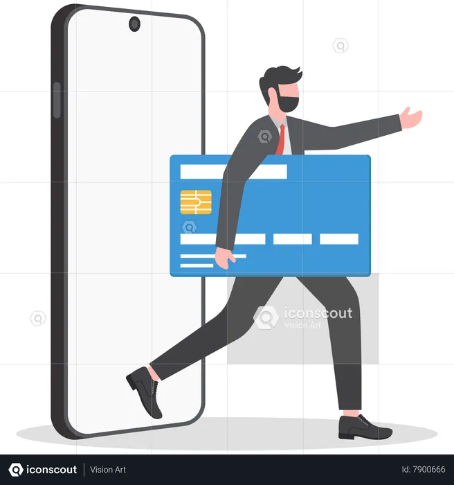 Businessman walks out of cell phone holding bank credit card  Illustration
