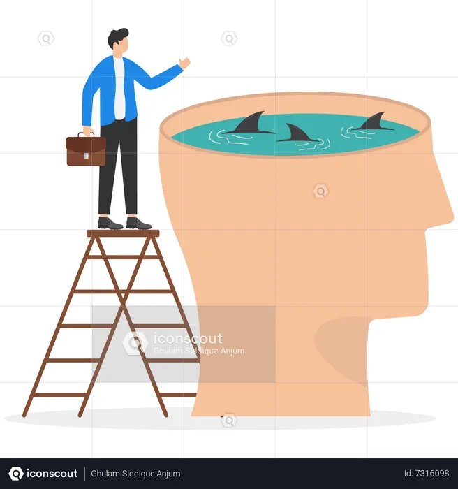 Businessman watching circling sharks in head  Illustration