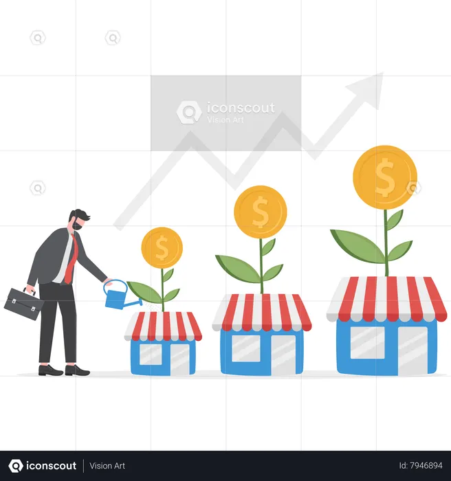 Businessman water growth plants with Real estate business Franchise shop business  Illustration