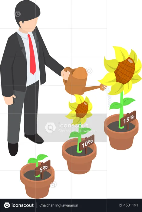 Businessman watering different size of flower plant  Illustration