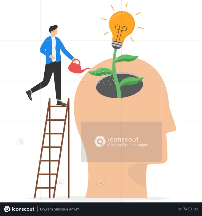 Businessman watering idea light bulb from big human head  Illustration