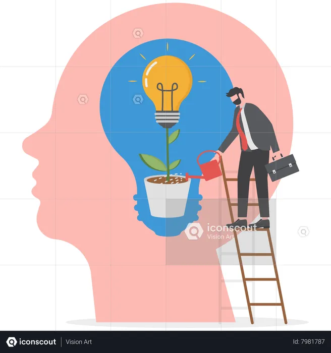 Businessman Watering plants with big brain growth mindset  Illustration