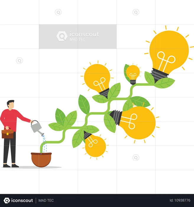 Businessman watering seedling grow high with lightbulb ideas  Illustration