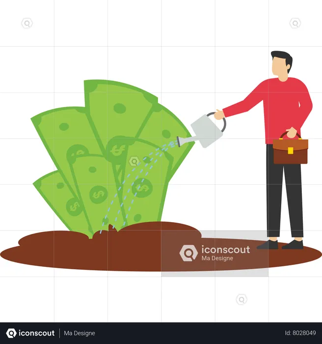 Businessman watering the soil to make the money plant grow  Illustration