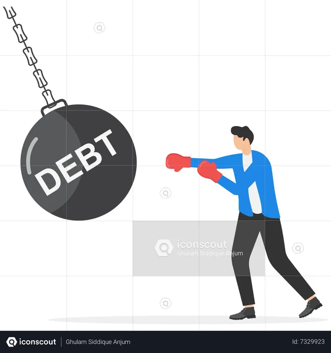 Businessman wearing boxing gloves fighting and punching with creditor red boxing glove with text Debt  Illustration