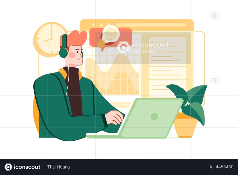 Businessman Wearing Headphone and Working On Laptop  Illustration