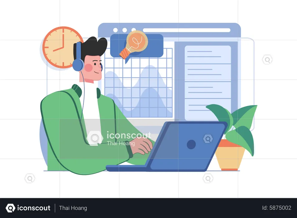 Businessman Wearing Headphone and Working On Laptop  Illustration