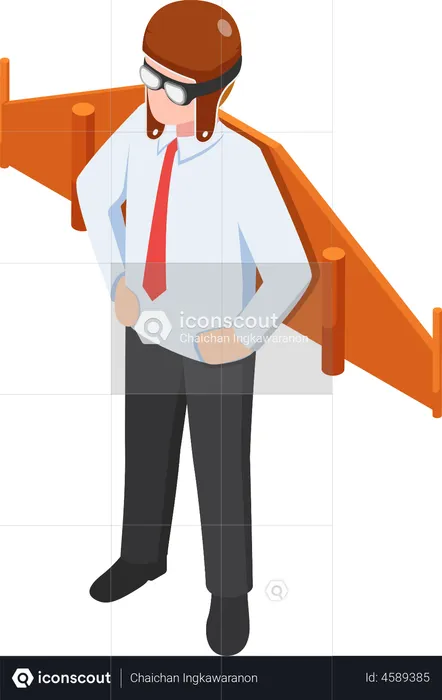 Businessman wearing helmet and aviator goggles with toy wings  Illustration
