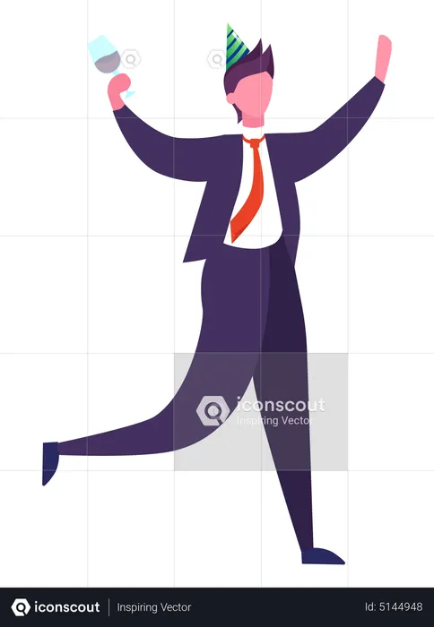 Businessman wearing party hat and holding drink glass  Illustration