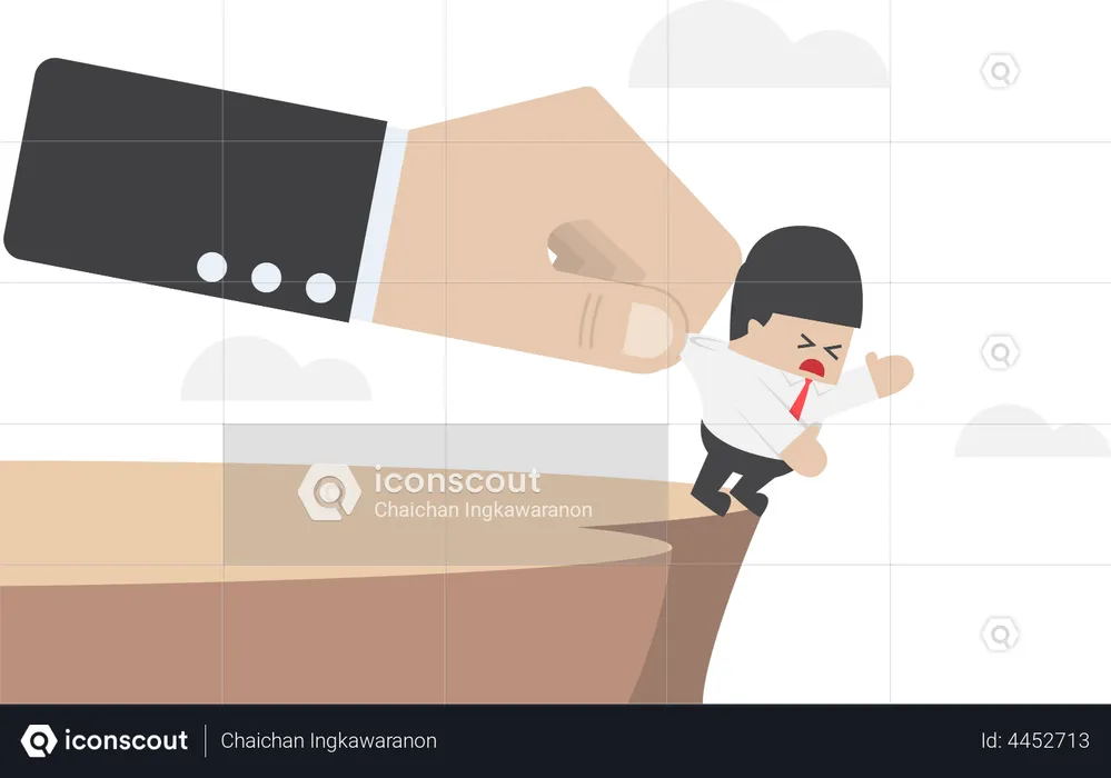Businessman who falling from cliff being helped by big hand  Illustration