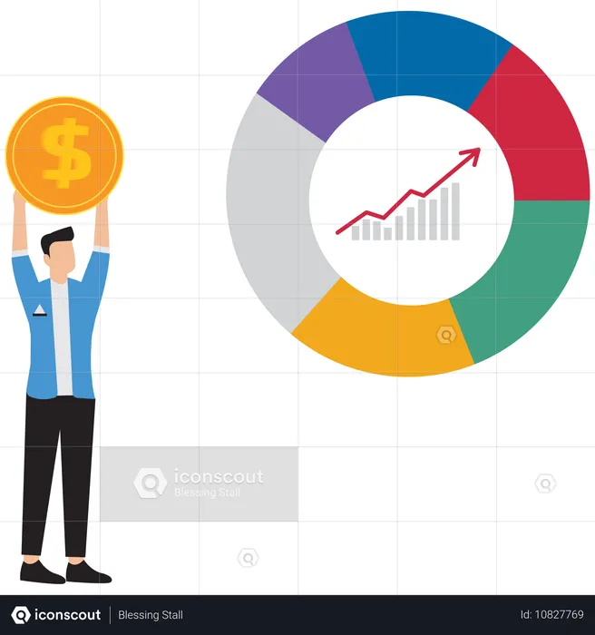 파이 차트 근처에 동전을 들고 있는 사업가  일러스트레이션