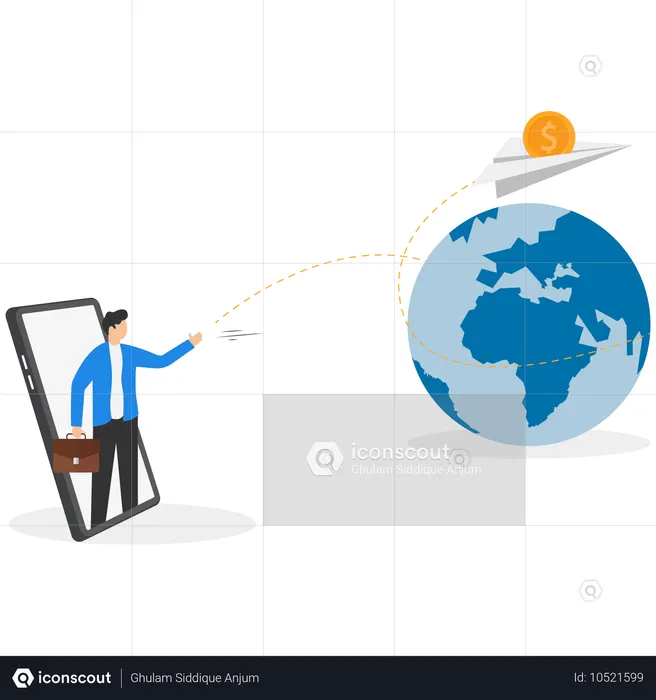 Businessman with a phone and sends a money transfer around the world  Illustration