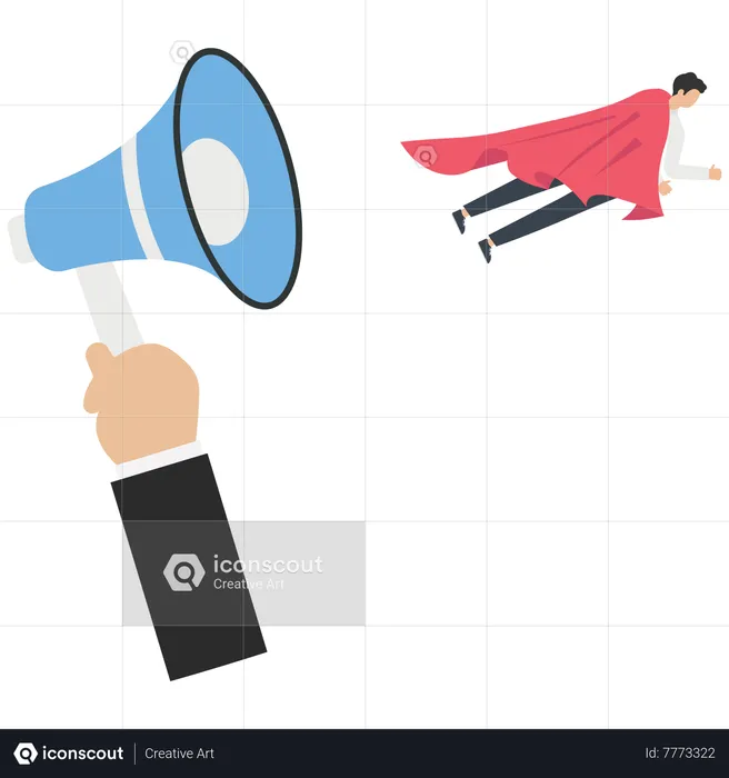 Businessman with a red cape flying from a megaphone  Illustration