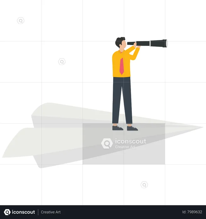 Businessman with a telescope standing on a paper airplane  Illustration