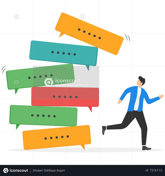 Businessman with bicycle running away from collapsing stack of messages and spam  Illustration