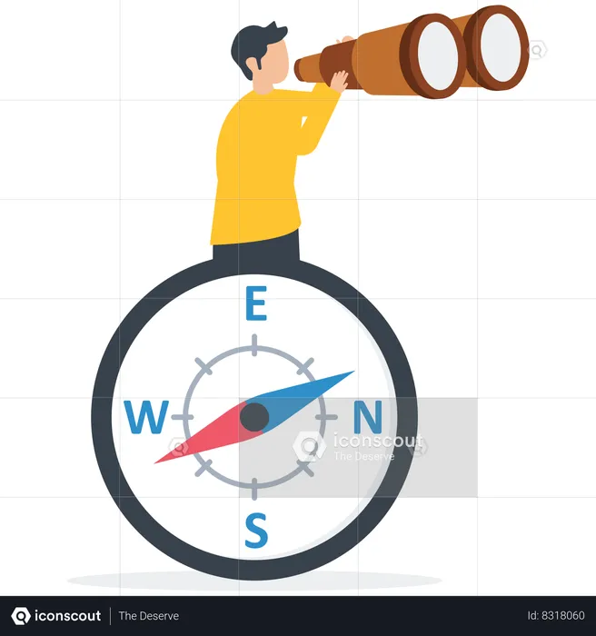 Businessman with binocular and compass  Illustration