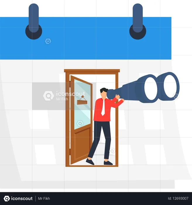 Businessman with Binoculars on Calendar  of Planning and Vision  Illustration