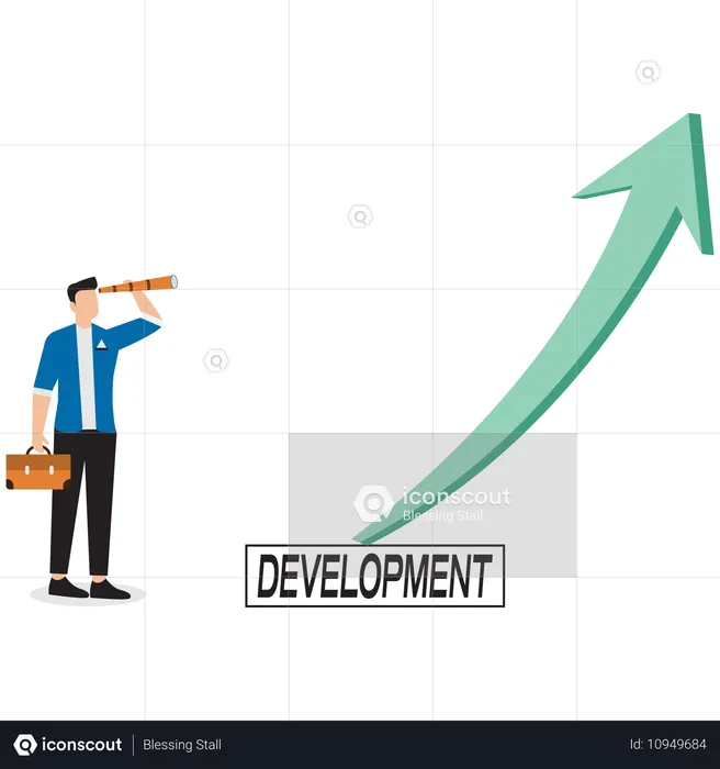 Businessman with binoculars watching arrow of development  Illustration