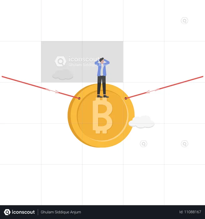 망가진 흔적과 두려움에 사로잡힌 사업가가 거대한 비트코인을 매달아 놓은 로프  일러스트레이션