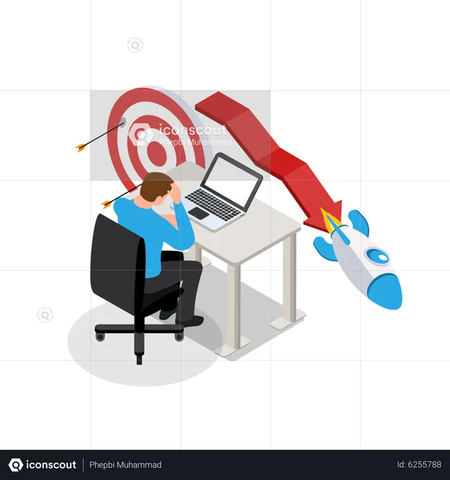 Businessman with failed startup target  Illustration