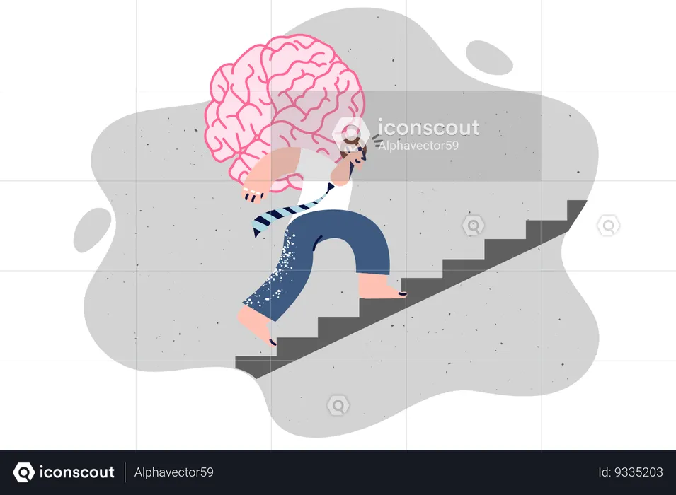 Businessman with giant brain is climbing up career ladder  Illustration