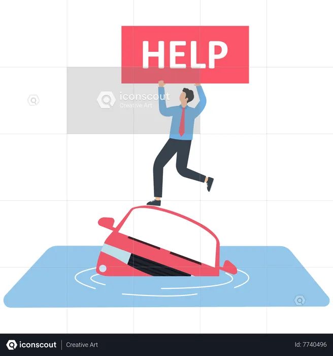 Businessman with help sign stands on a car is going to sink  Illustration