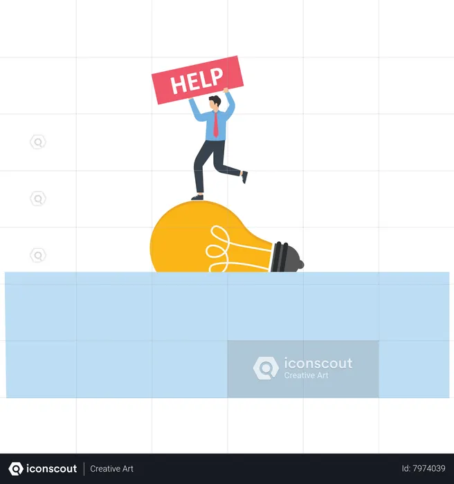 Businessman with help sign stands on a light bulb is going to sink  Illustration