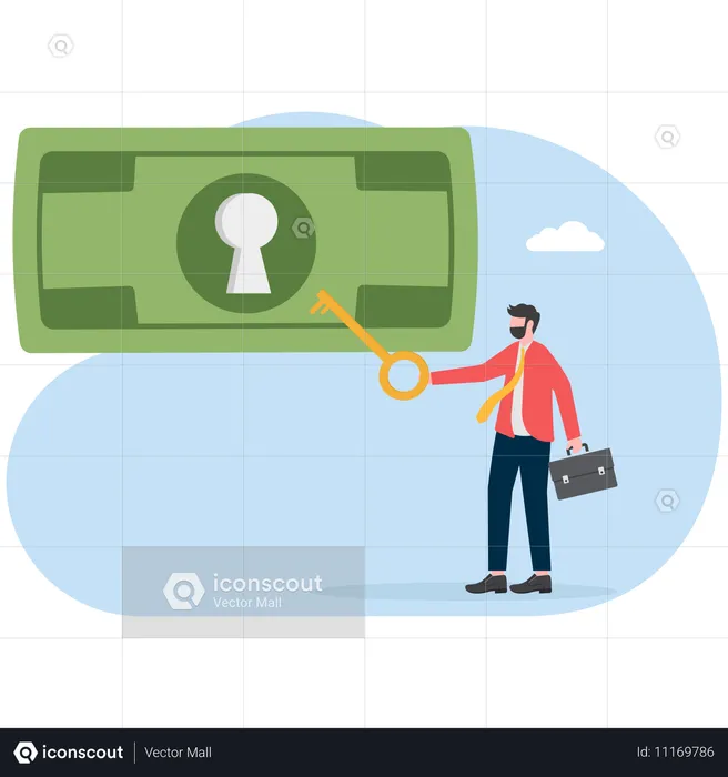 Businessman with key to unlock banknote  Illustration