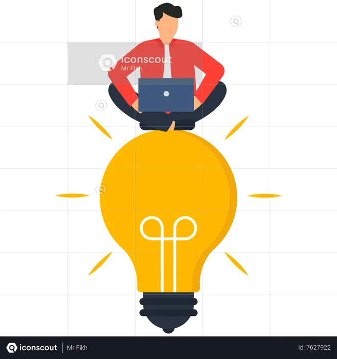 Businessman with laptop on light bulb Invent and discover new knowledge  Illustration