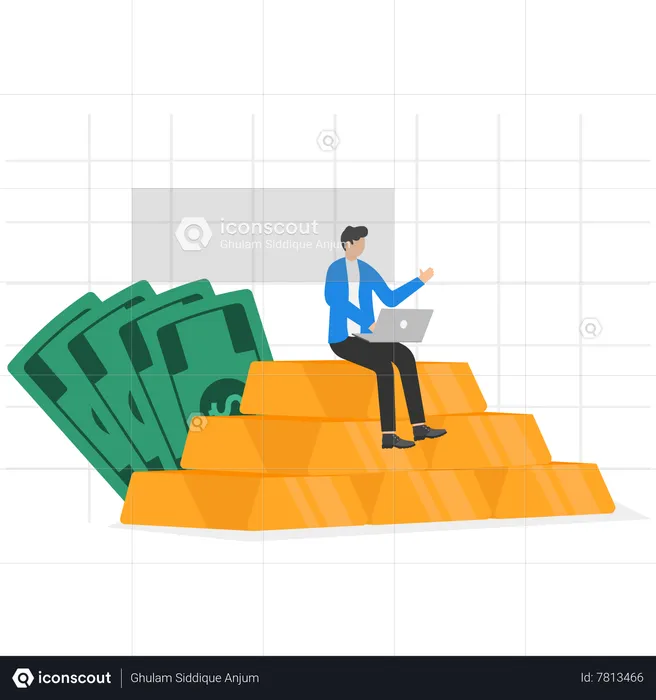 Businessman with laptop sitting on stack of gold bar and see the movement of the dollar value on the chart  Illustration