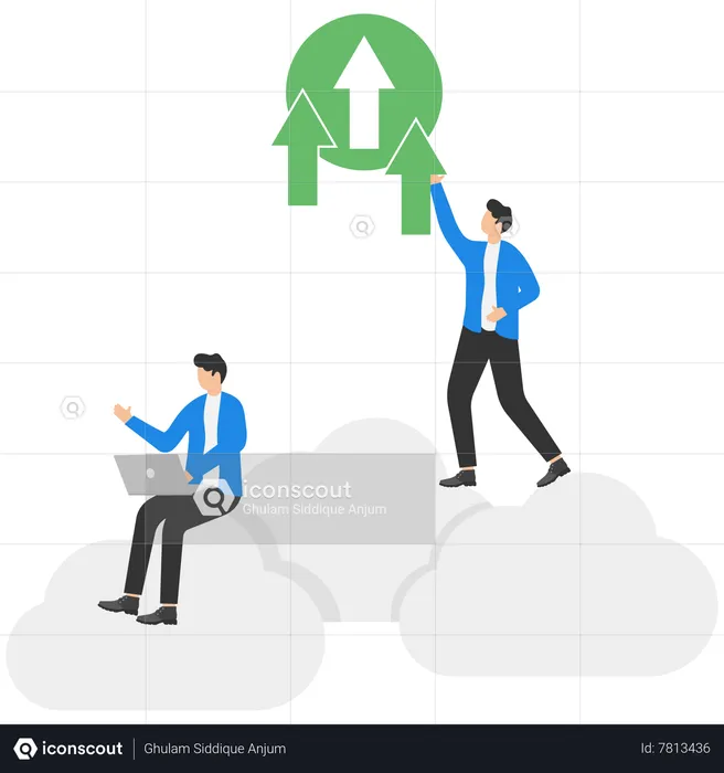 Businessman with laptop sitting on the cloud and Backup Upload data  Illustration