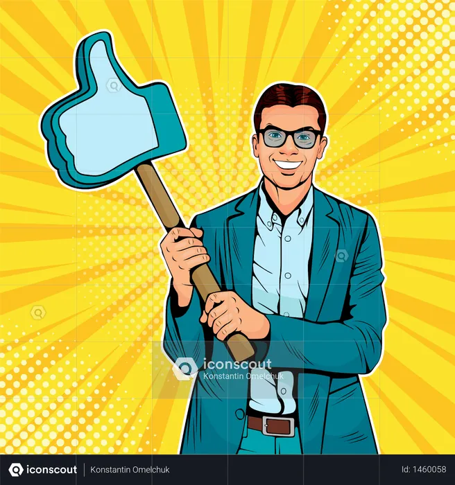 Businessman with like gesture on wooden stick. Colorful vector illustration in pop art retro comic style. Illustration