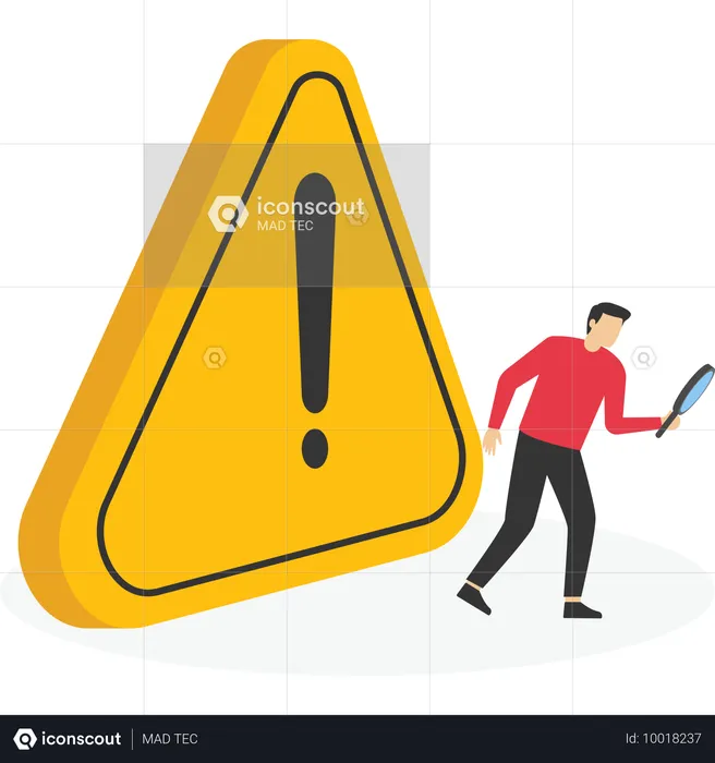 Businessman with magnifier monitor and investigate incident with exclamation attention sign  Illustration