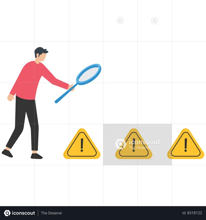 Businessman with magnifier monitor and investigate incident with exclamation attention sign  Illustration
