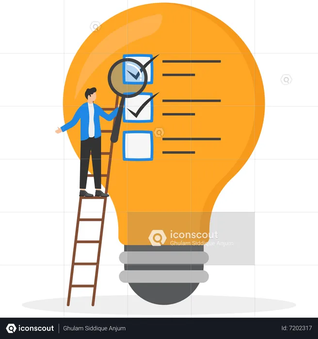 Businessman with magnifiers analyze lightbulb ideas  Illustration