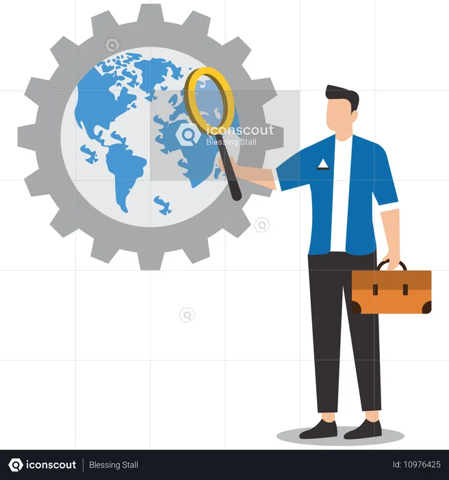 Businessman with magnifying glass analyzing business in global economy  Illustration