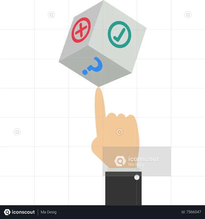 Businessman with magnifying glass analyzing dice with question mark  Illustration