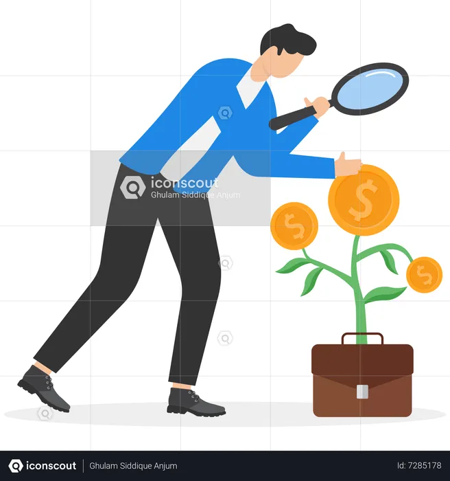 Businessman with magnifying glass considering long term investment portfolio  Illustration