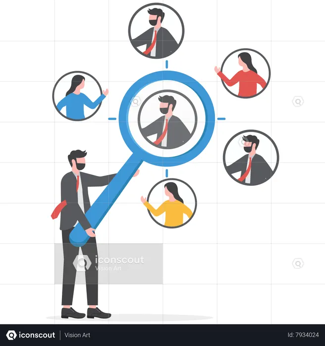Businessman with magnifying glass focus on customer  Illustration