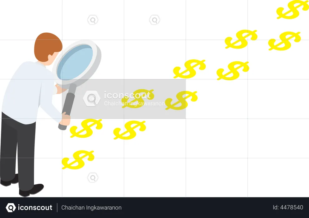Businessman with magnifying glass looking a trail of dollar sign, financial tracking and investment  Illustration
