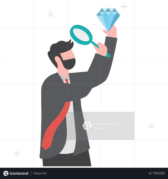 Businessman with magnifying glass looking rare diamond gem  Illustration
