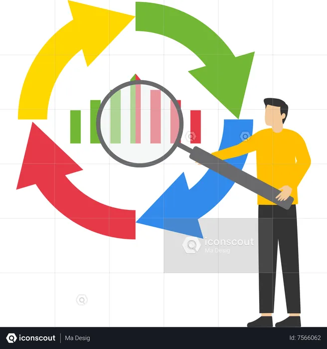 Businessman with magnifying glass on economic cycle diagram  Illustration