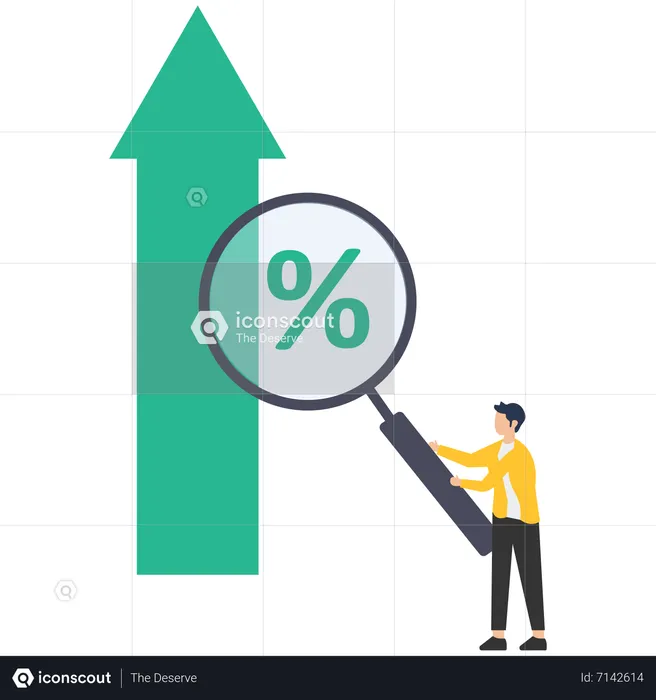 Businessman with magnifying glass to see percentage graph  Illustration