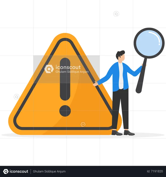 Businessman with magnifying monitor and investigate incident with exclamation attention sign  Illustration
