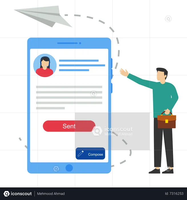 Businessman with mailing list tablet sending email  Illustration