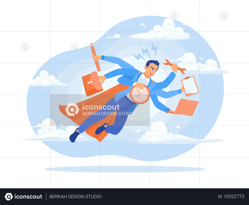 Businessman with many hands doing lot of work on time  Illustration